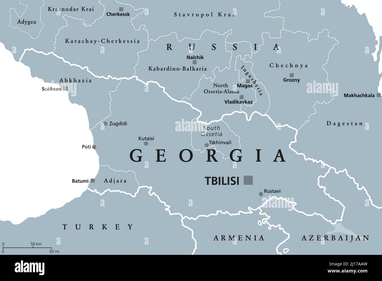 Georgia, mapa político gris, con la capital Tiflis, y fronteras internacionales. República y país transcontinental en Eurasia. Foto de stock