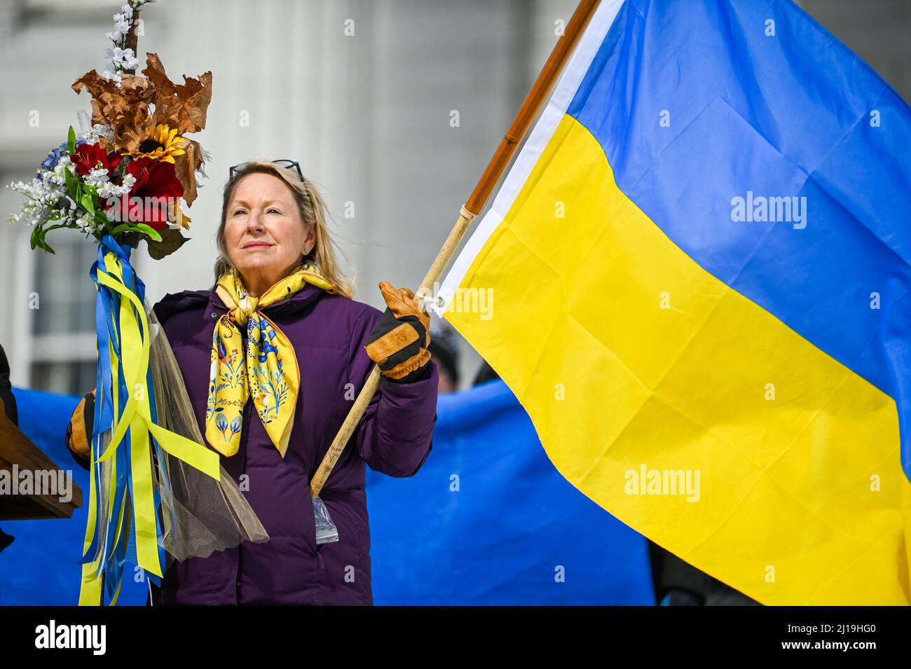 Manifestación a favor de Ucrania en Vermont State House, Montpelier, VT, EE.UU. Foto de stock