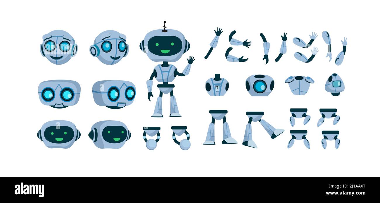 Robot futurista constructor plano conjunto de iconos. Dibujos animados androide diseño de caracteres vector aislado de la colección de ilustraciones. Equipo electrónico y humanoi Ilustración del Vector
