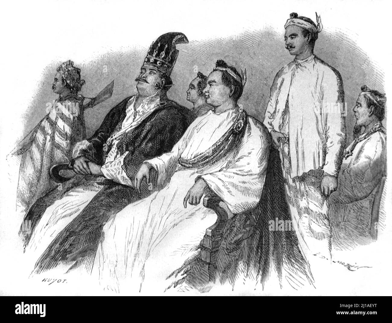 Aristócratas birmanos o aristocracia que visten ropa o traje tradicional birmano Birmania Myanmar. Ilustración o grabado 1860. Foto de stock