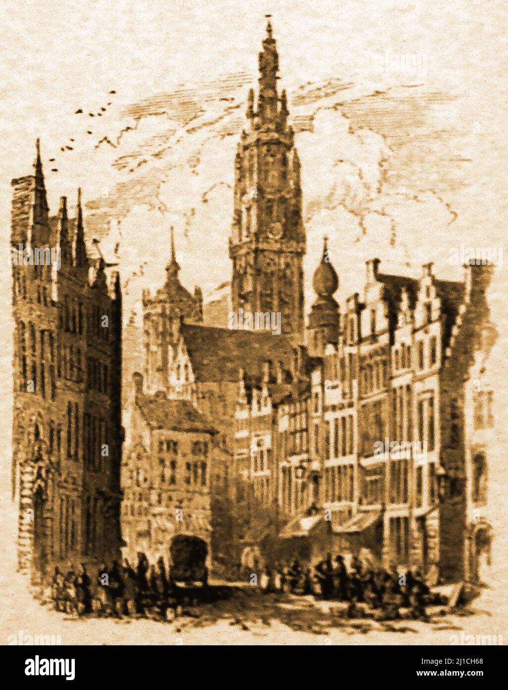 UNA VISTA DIFERENTE (PINTURA DEL SIGLO 19th ) del grabado más comúnmente visto por William Henry Bartlett mostrando Antwerp / Antwerpen Egg Market con la catedral de Amberes en el fondo . . Muestra la plaza sin multitudes de compradores en un día no comercial con un vagón tirado por caballos pasando por ella. Foto de stock