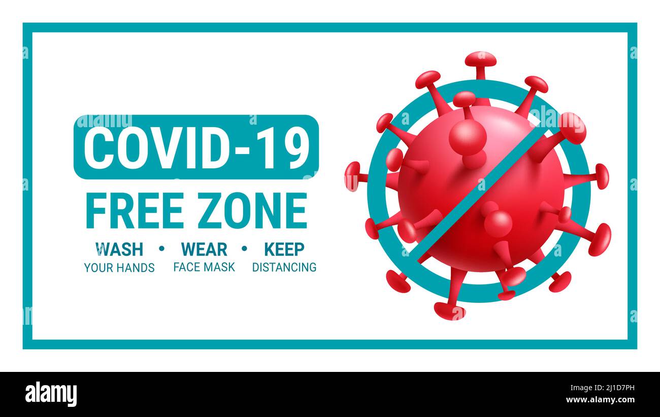 Diseño de banner vectorial gratuito Covid-19. Covid texto de zona libre con instrucciones de seguridad y señalización de protección contra virus para la salud pública y la seguridad. Ilustración del Vector
