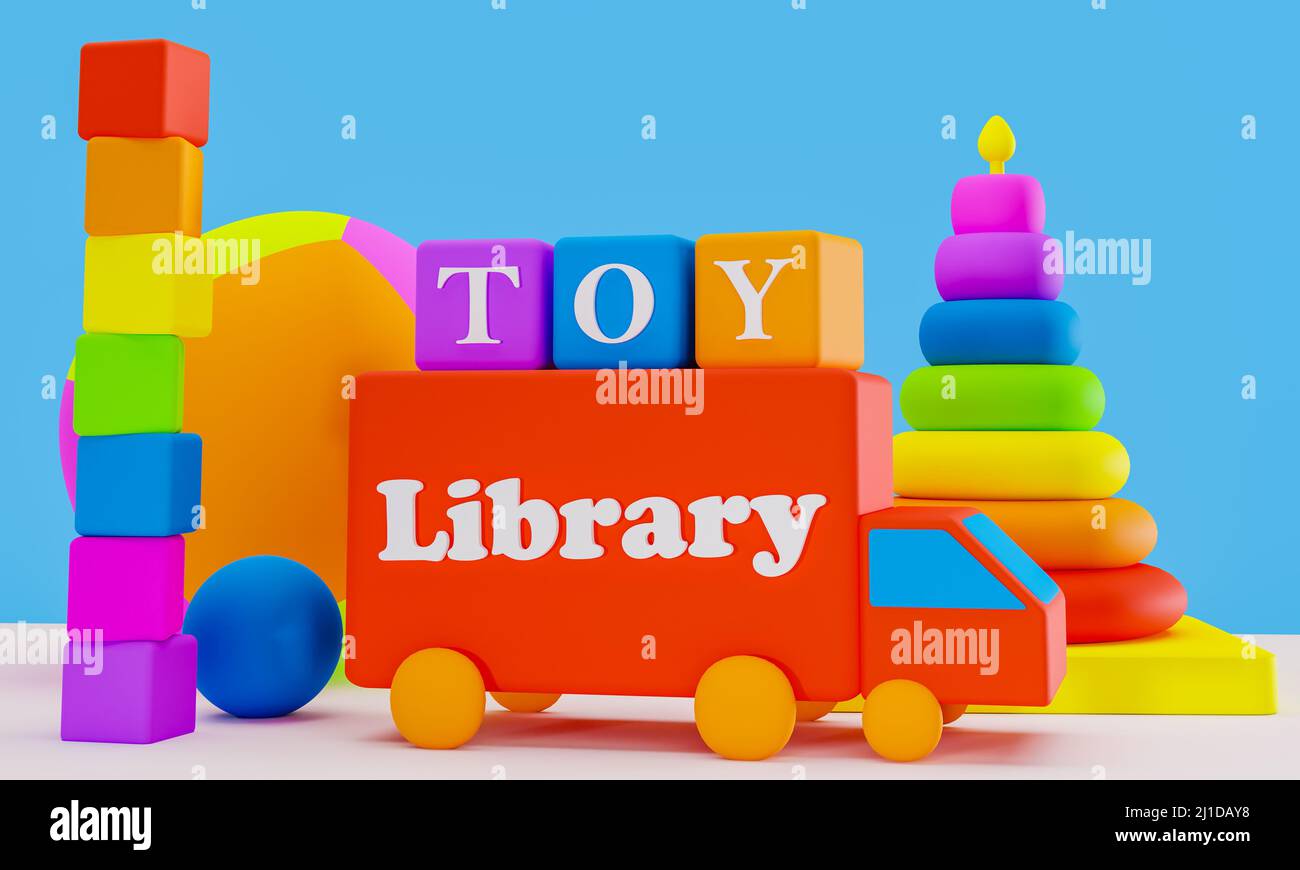 Biblioteca de Juguetes, sobre bloques de juguetes y camión con casillero y pelotas, compartir la comunidad de juguetes, ilustración 3D Foto de stock