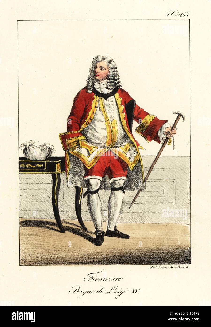 Traje de un banquero durante el reinado del rey Luis XV de Francia,  1723-1774. En peluca, chaqueta de terciopelo con bordado de oro, chaleco y  calzones, con bolsas de dinero. Financiero. Regne