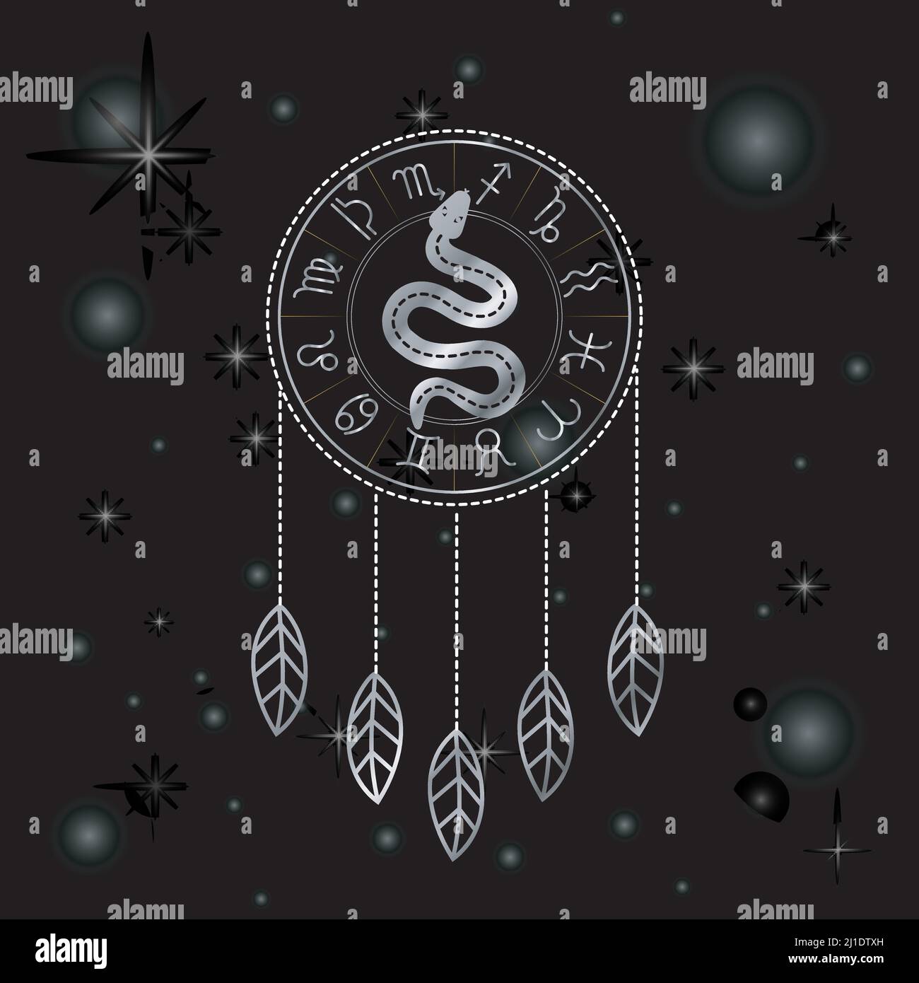 Dreamcatcher Zodiac símbolos astrología horóscopo signos con serpiente mística en plata Ilustración del Vector