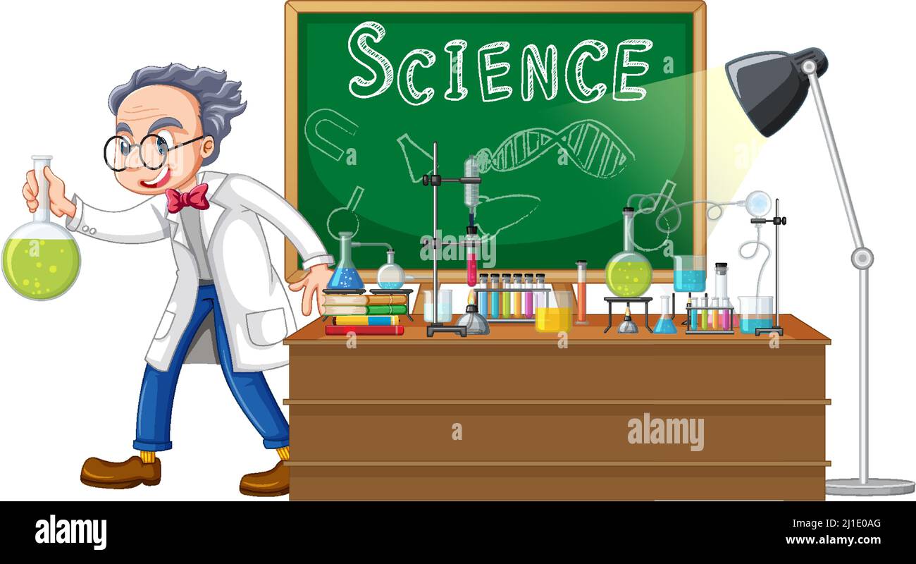 Personaje de dibujos animados científicos con objetos de laboratorio de  ciencias ilustración Imagen Vector de stock - Alamy