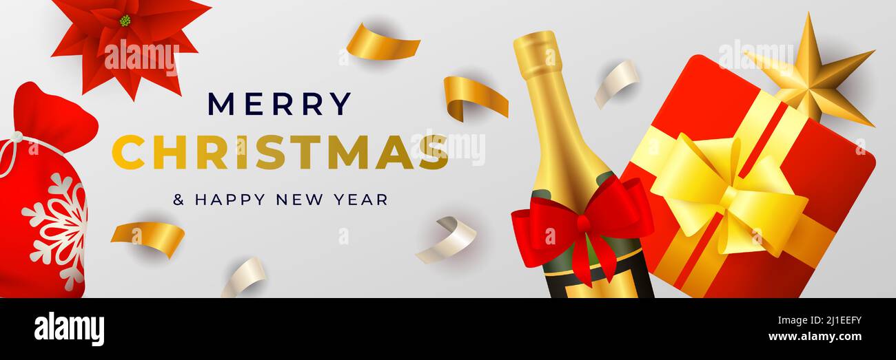 Diseño de banner de Navidad con champán y caja de regalo sobre fondo  horizontal gris claro con confeti dorado y plateado. Se pueden usar letras  f Imagen Vector de stock - Alamy