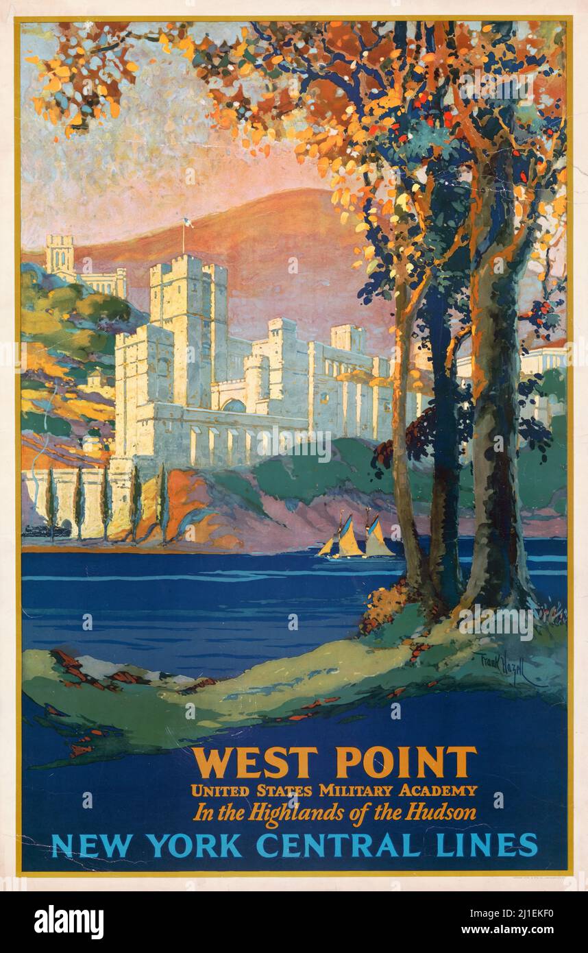 Cartel de viaje - West Point, Academia Militar de los Estados Unidos, en las tierras altas del Hudson. New York Central Lines. Arte de Frank Hazell. 1920. Foto de stock