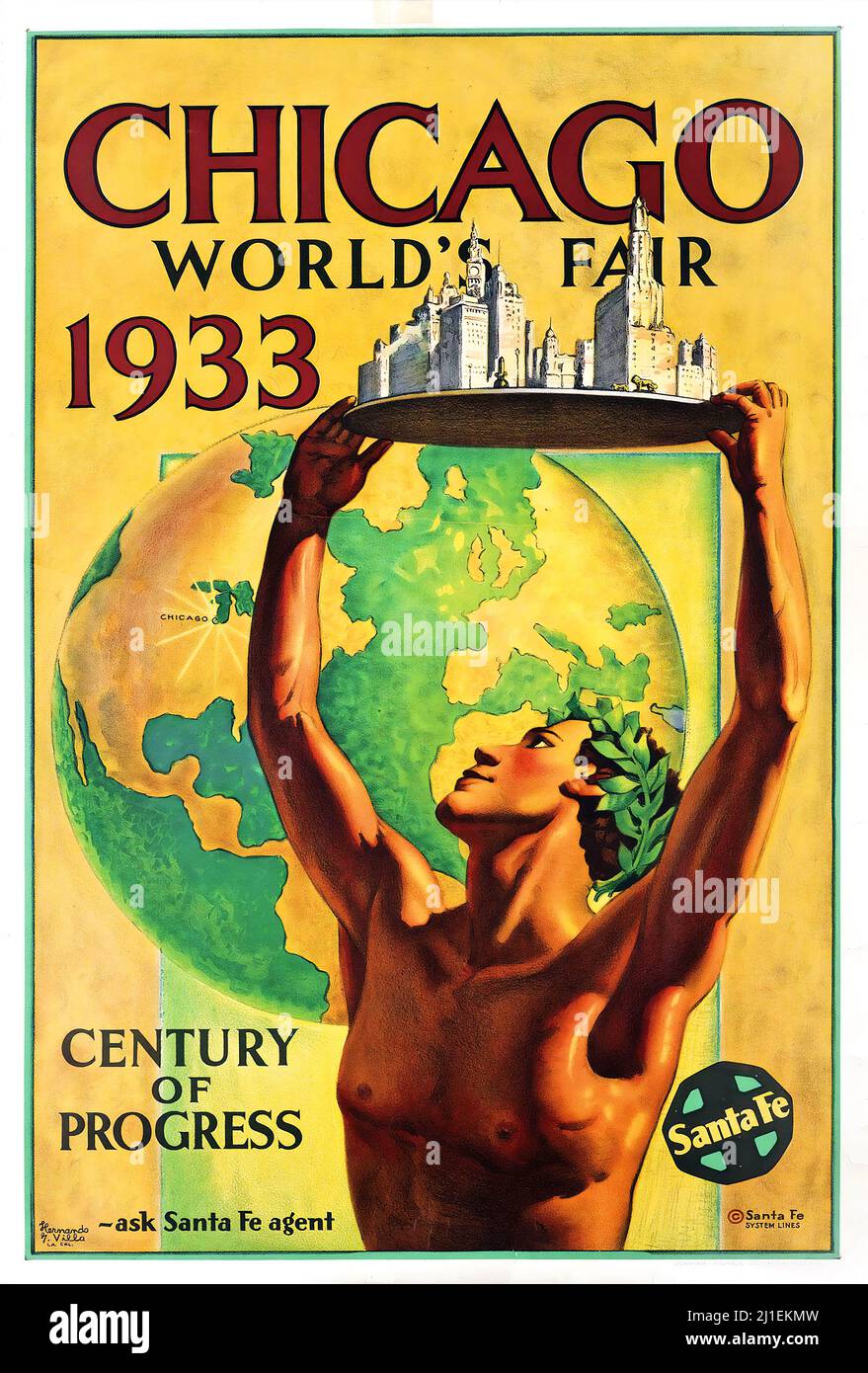 Cartel DE VIAJE Vintage - Hernando G. VILLA (1881-1952) FERIA MUNDIAL DE CHICAGO, 1933. Foto de stock