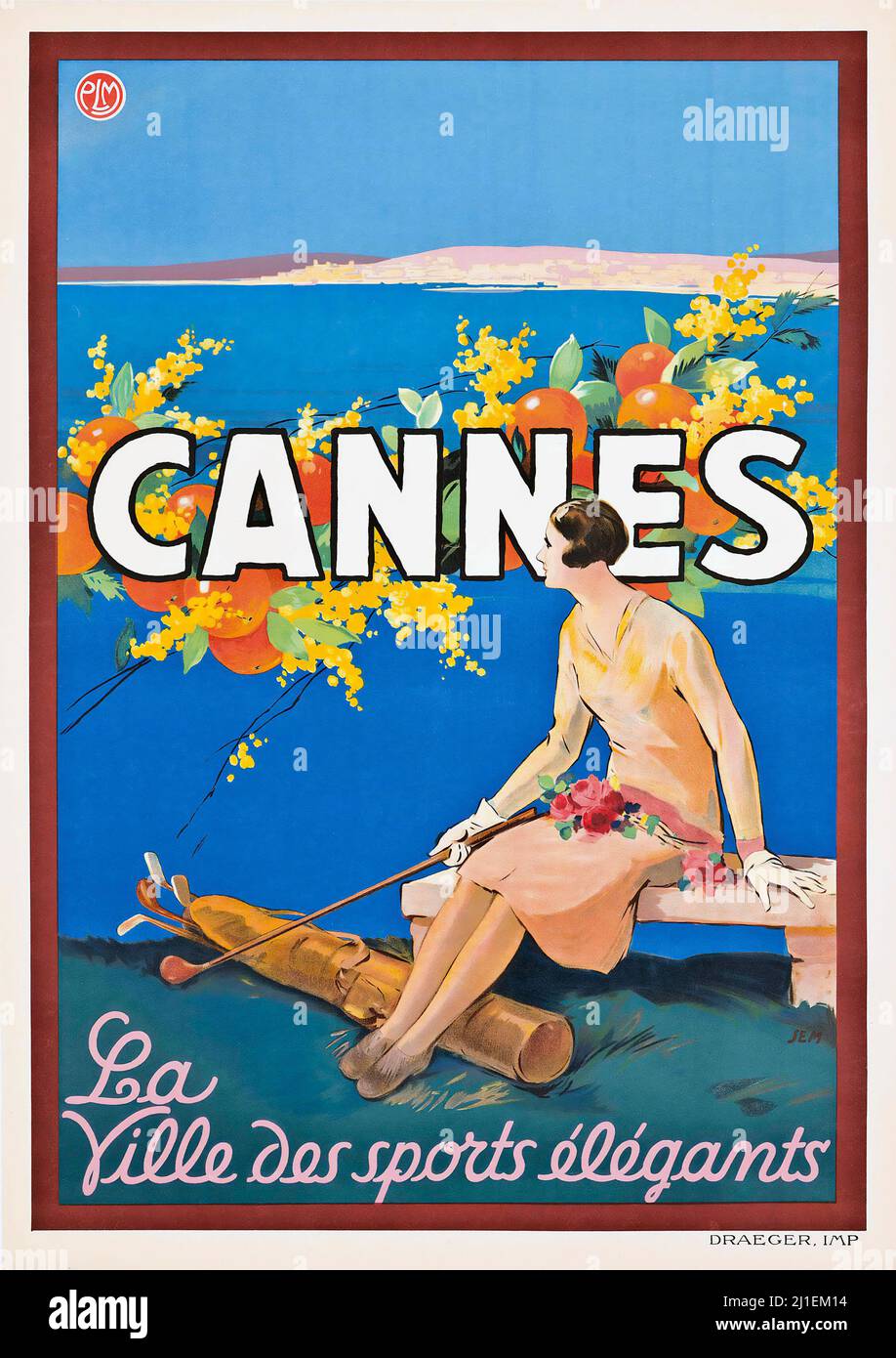 Cartel de viaje vintage - Sem (Georges Goursat, 1863-1934) CANNES - La Ville des sports elegants. (La Ciudad de los Deportes Elegantes). Una jugadora de golf. Foto de stock