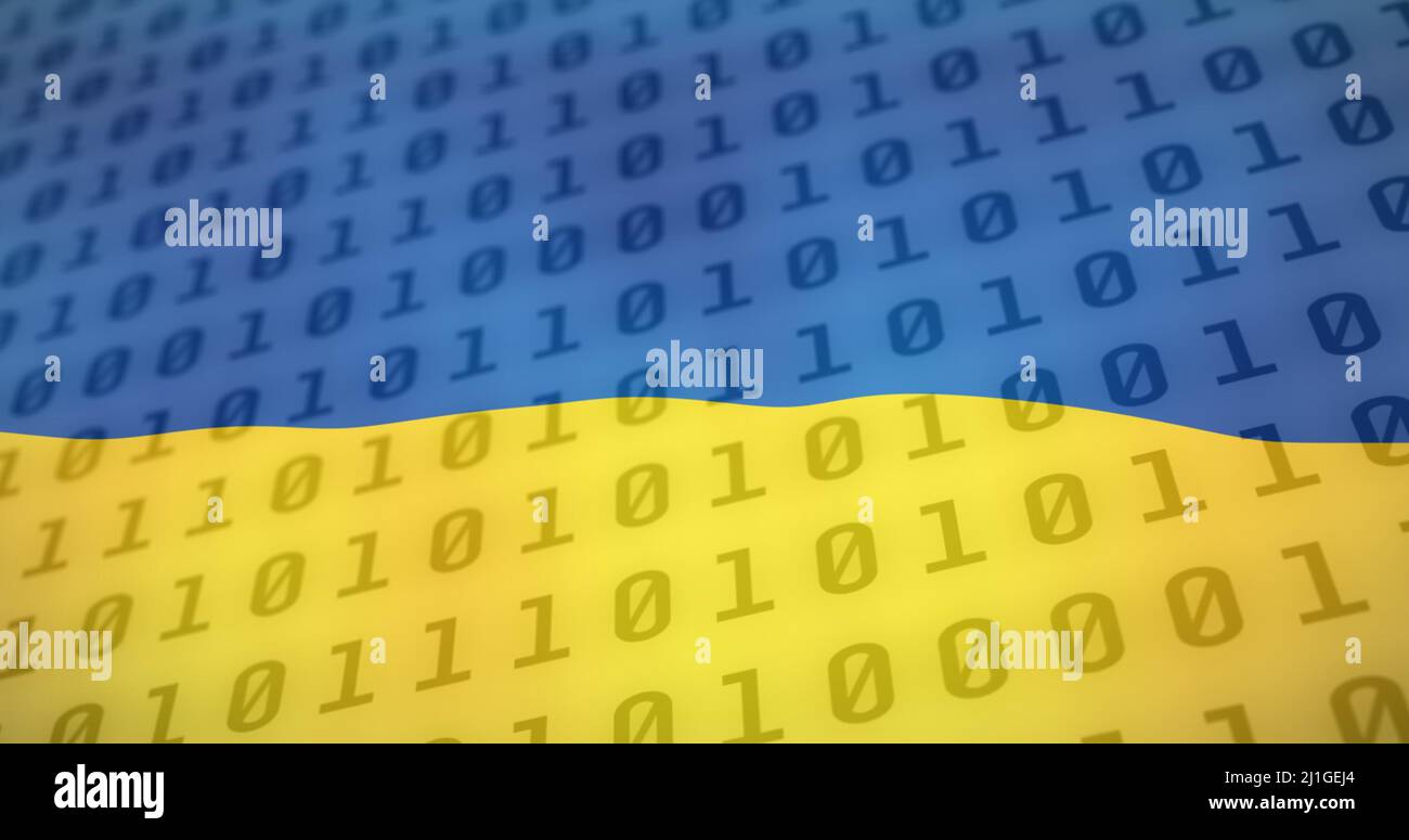 Imagen del código binario sobre la bandera de ucrania Foto de stock