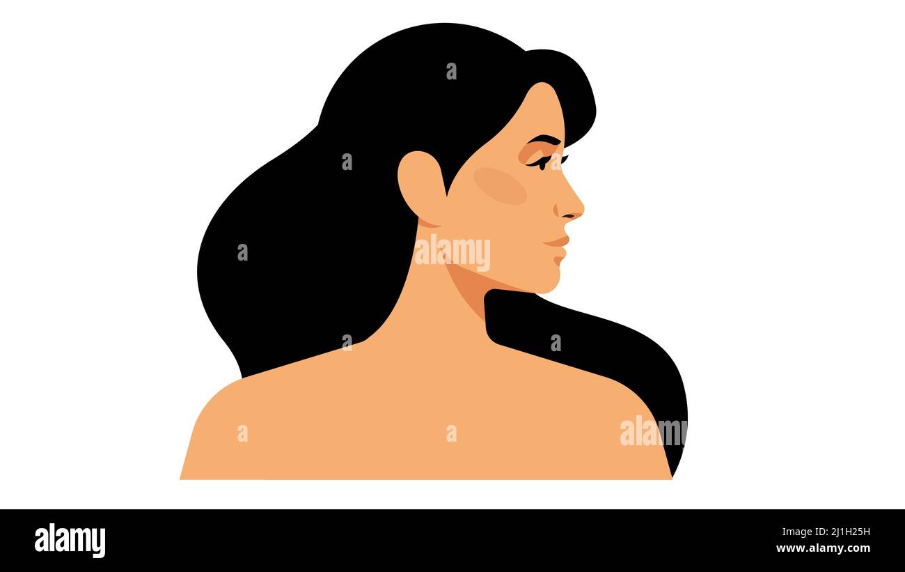 Mujer hermosa brillante con pelo largo, piel perfecta. Hermosa, joven mujer, vista lateral. Cabeza y hombros. Primer plano retrato femenino en vector moderno Ilustración del Vector