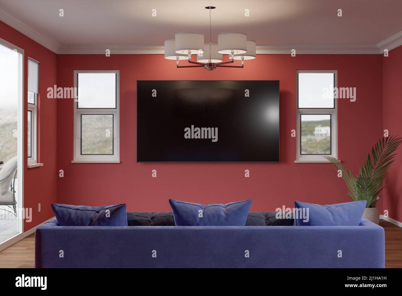 Sofá, planta y pared en blanco de televisión en la habitación pintada de  rojo profundo Fotografía de stock - Alamy