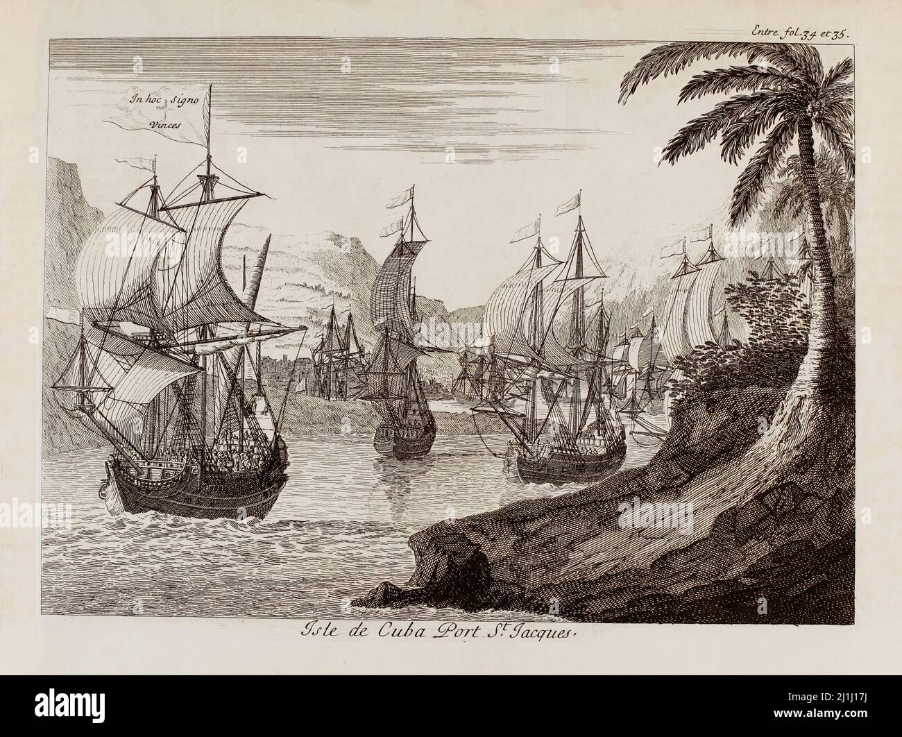 Grabado del siglo 18th de la isla de Cuba, puerto de San Jacques. Por Jan Karel Donatus Van Beecq (1638-1722) de Historia de la conquista de México o lo Nuevo Foto de stock