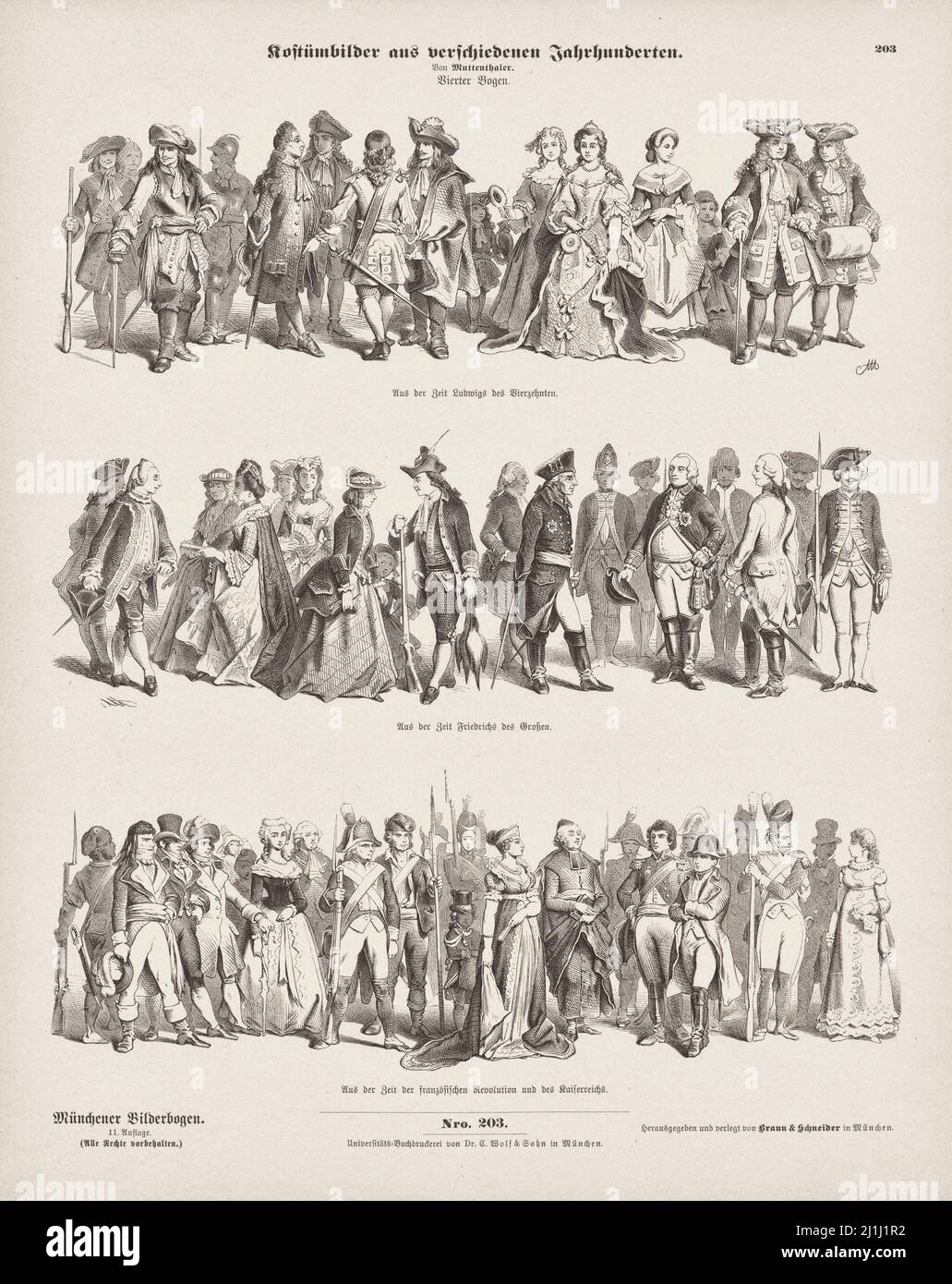 Litografía de imágenes de disfraces de diferentes siglos. 1856 Foto de stock