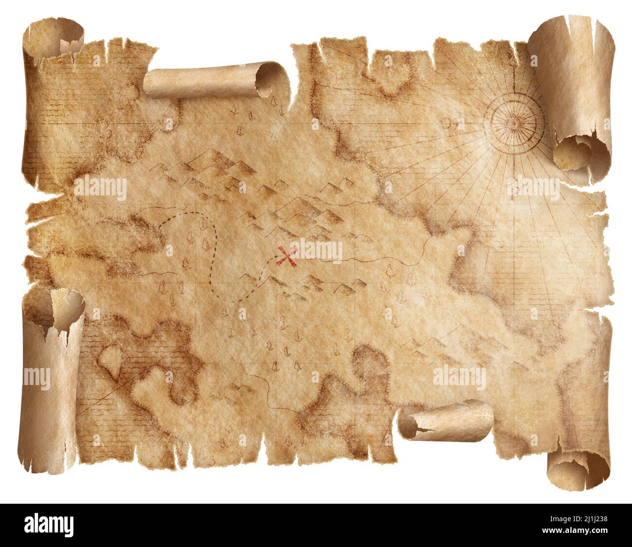 mapa náutico medieval de piratas con tesoros ocultos marca de desplazamiento aislado Foto de stock