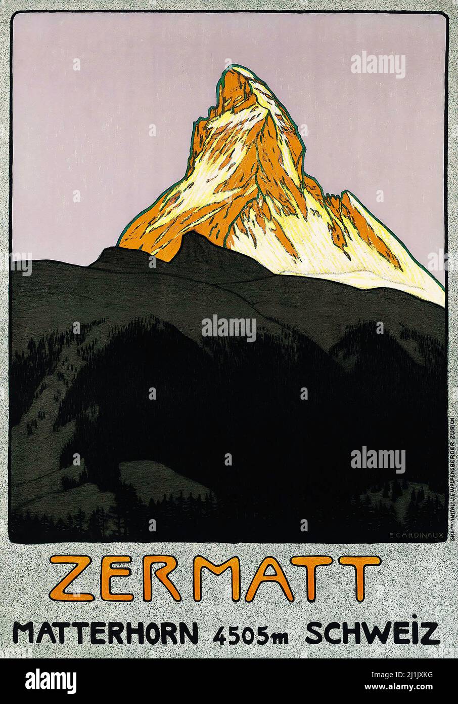 Zermatt - Cartel de viaje Vintage, Deportes de invierno, esquí - Schweiz, Suisse, Suiza, Swiss - obra de Emil Cardinaux (1877-1936) Foto de stock