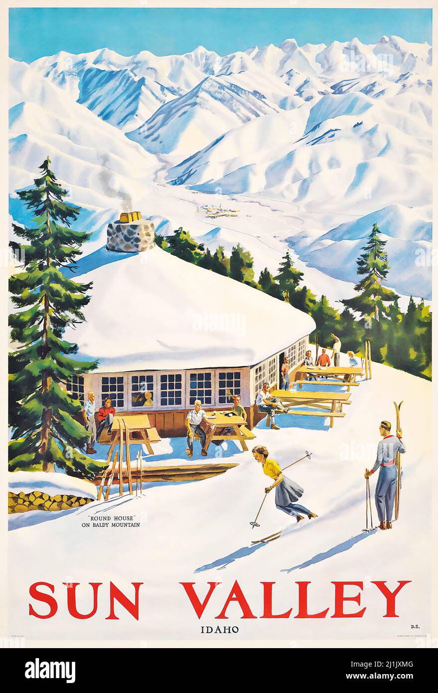 Cartel de viaje vintage, deportes de invierno, esquí - SUN VALLEY Idaho, c 1950. Foto de stock