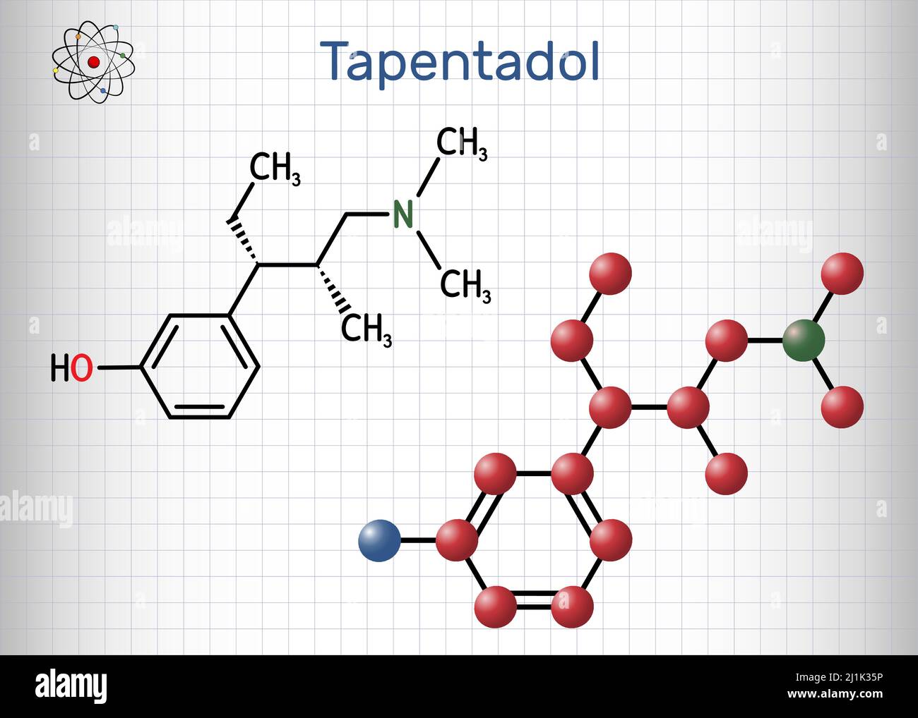 Molécula de tapentadol. Es benzenoide sintético, analgésico opioide