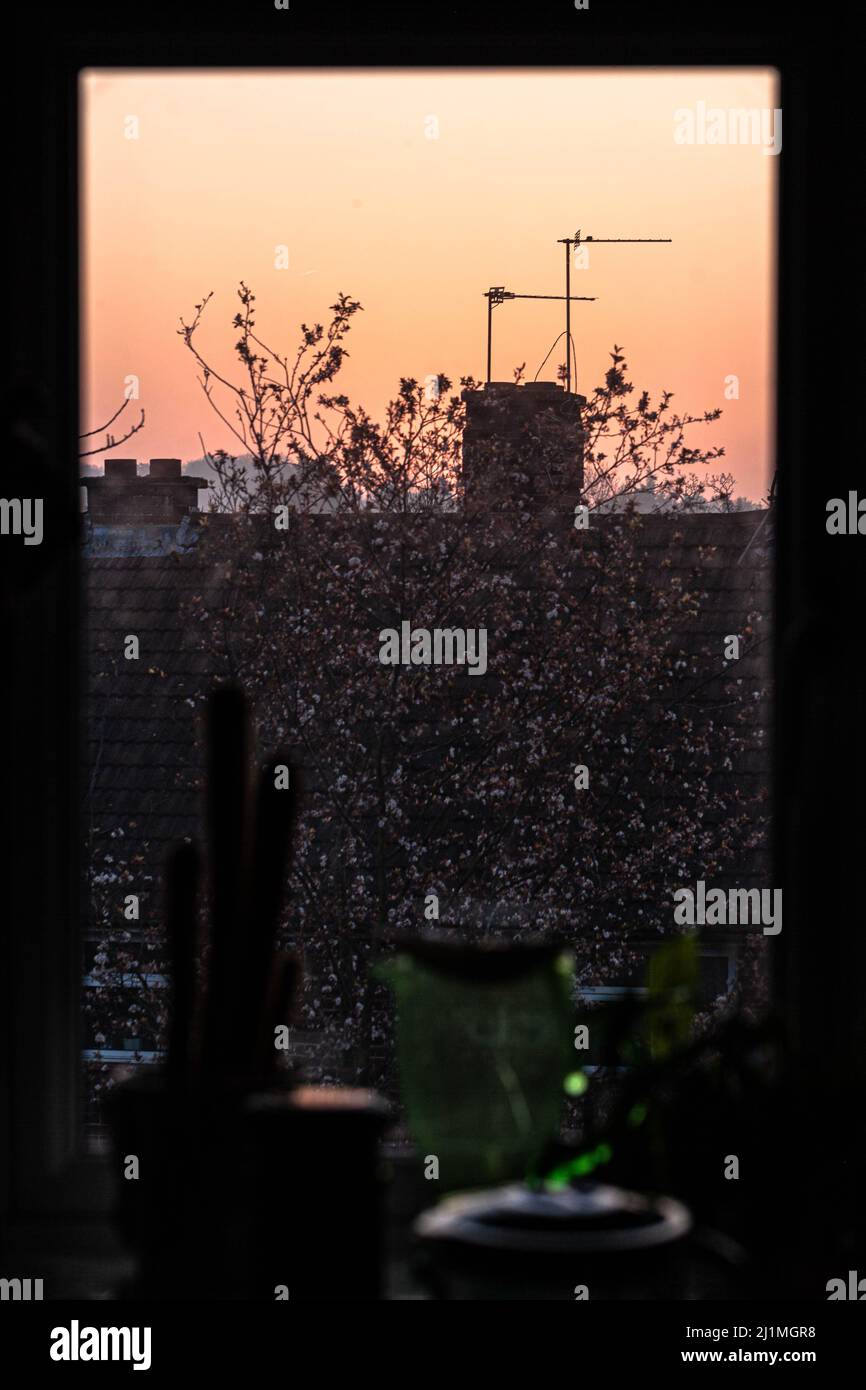 Vista de la hora dorada de la mañana a través de una ventana vertical, Londres, Inglaterra, Reino Unido. Foto de stock