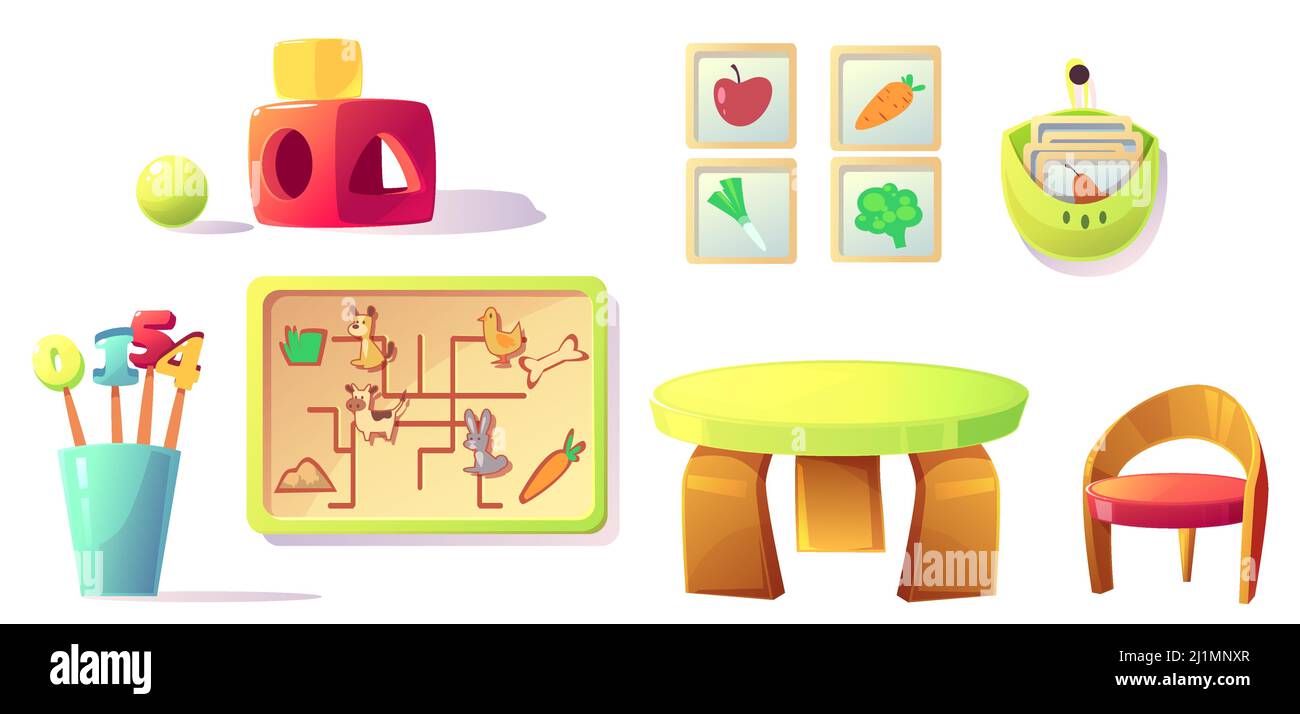 Equipo de jardín de infantes Montessori y juguetes para sala de juegos, clase de escuela primaria. Muebles de madera mesa, silla, materiales de enseñanza clasificadores, dígitos an Ilustración del Vector