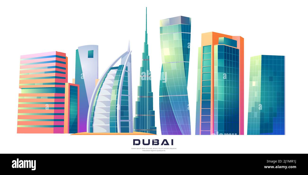 14 DE FEBRERO DE 2020. Dibujos animados vector ilustración Burj Khalifa, Burj al Arab, edificios de la Torre Cayan, Dubai, EAU arquitectura famosa en el mundo, megápolis futu Ilustración del Vector