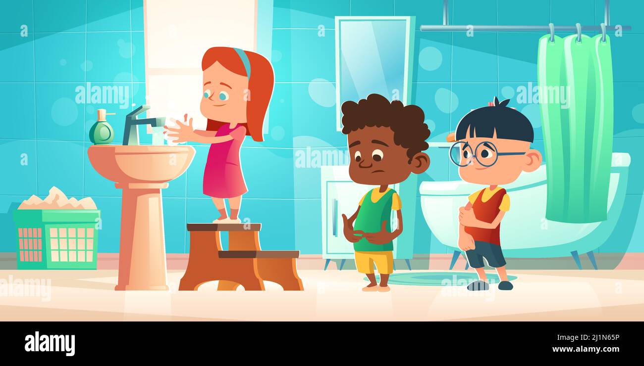 Los niños se lavan las manos en el baño. Niños concepto de higiene  personal. Ilustración de dibujos animados vectoriales con una chica de pie  en los escalones y lavarse las manos con