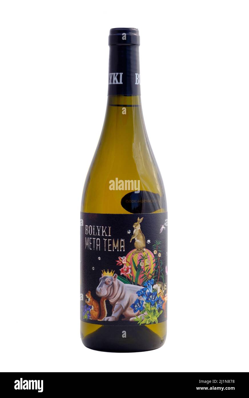 botella de bolyki meta tema hungarian de vino blanco dulce cortado sobre fondo blanco Foto de stock