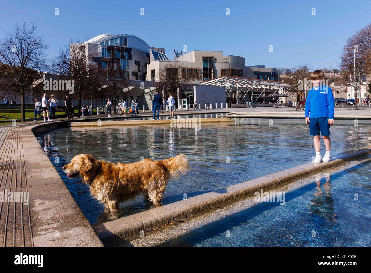 Edimburgo, Reino Unido. 27th Mar, 2022. En la foto: Los perros y los niños disfrutan del sol en las piscinas fuera del parlamento escocés. Crédito: Rico Dyson/Alamy Live News Foto de stock