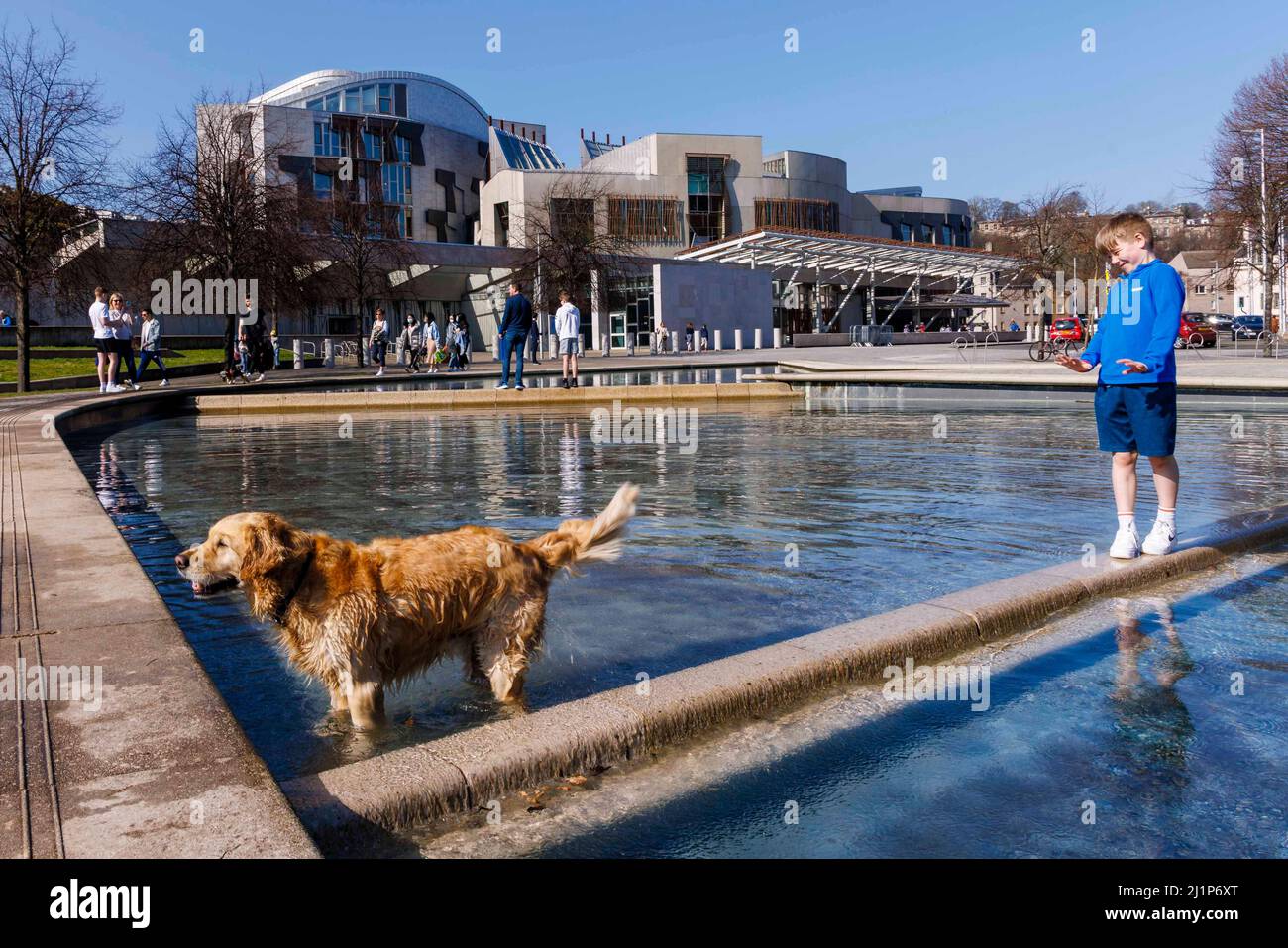 Edimburgo, Reino Unido. 27th Mar, 2022. En la foto: Los perros y los niños disfrutan del sol en las piscinas fuera del parlamento escocés. Crédito: Rico Dyson/Alamy Live News Foto de stock