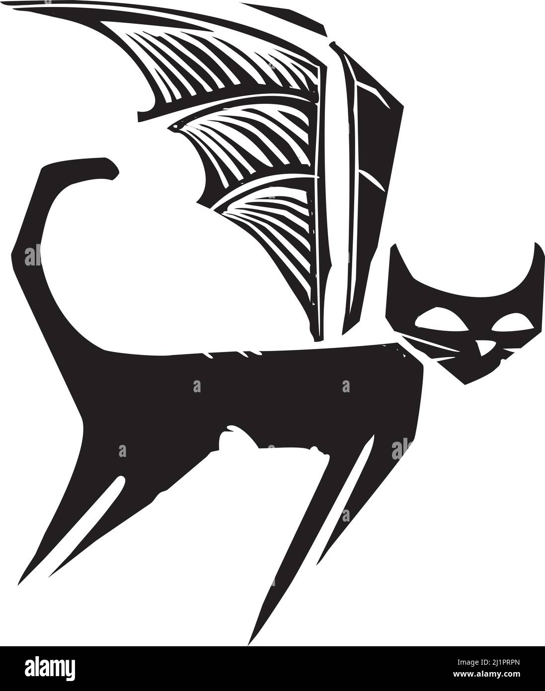 Imagen en madera de un gato con alas de murciélago en un estilo expresionista. Ilustración del Vector