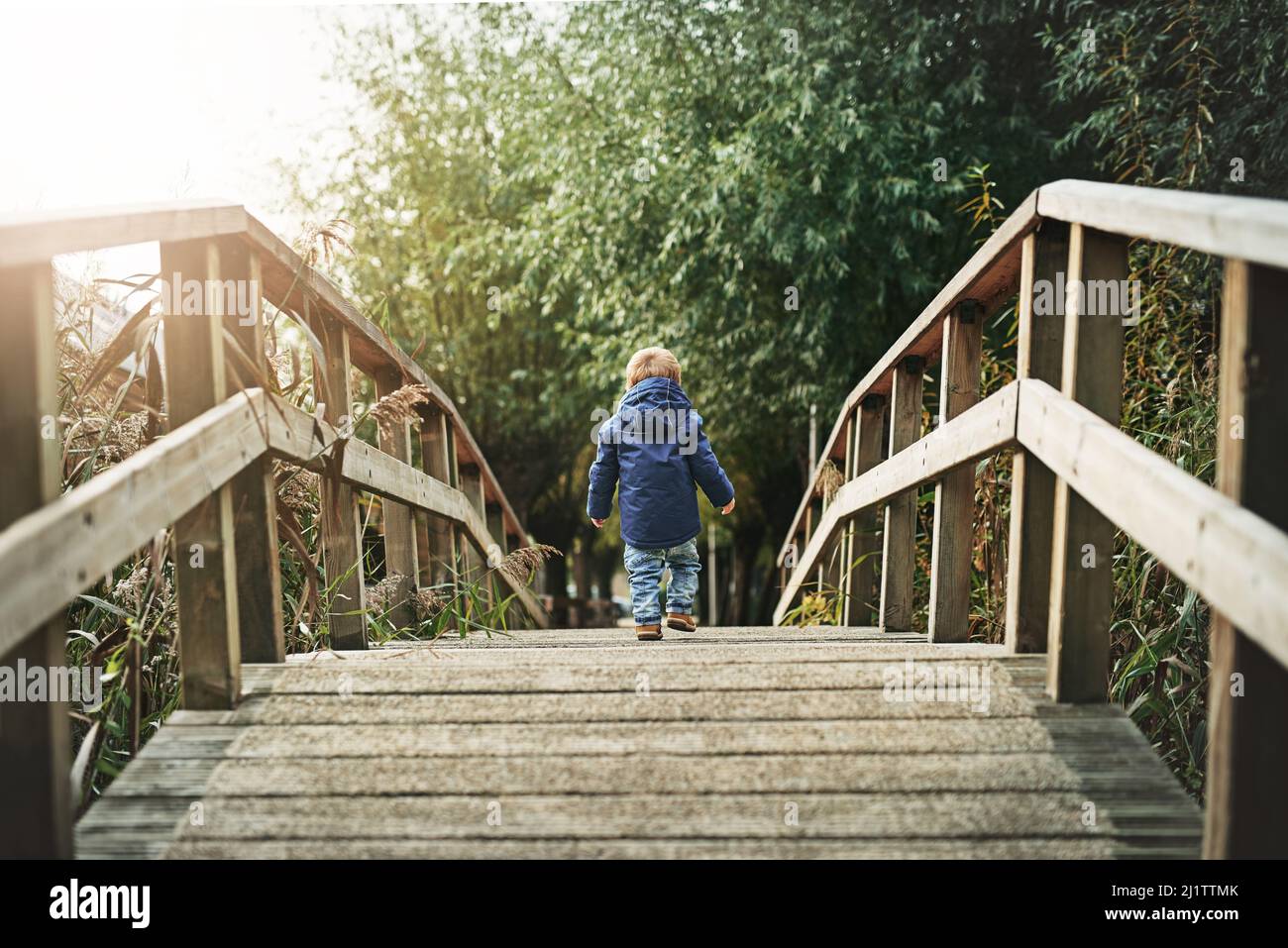 Pensando en el mundo. Foto de vista trasera de un niño pequeño cruzando un puente en un parque. Foto de stock