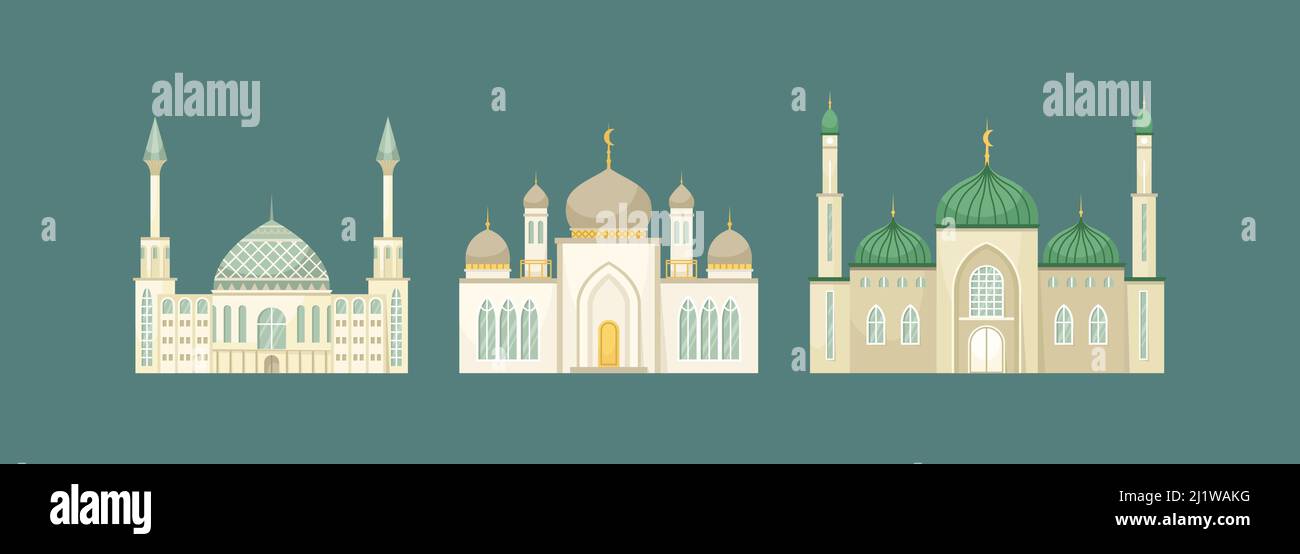 Conjunto vectorial de ilustraciones de la mezquita. Edificio arquitectónico religioso. Estilo plano Ilustración del Vector