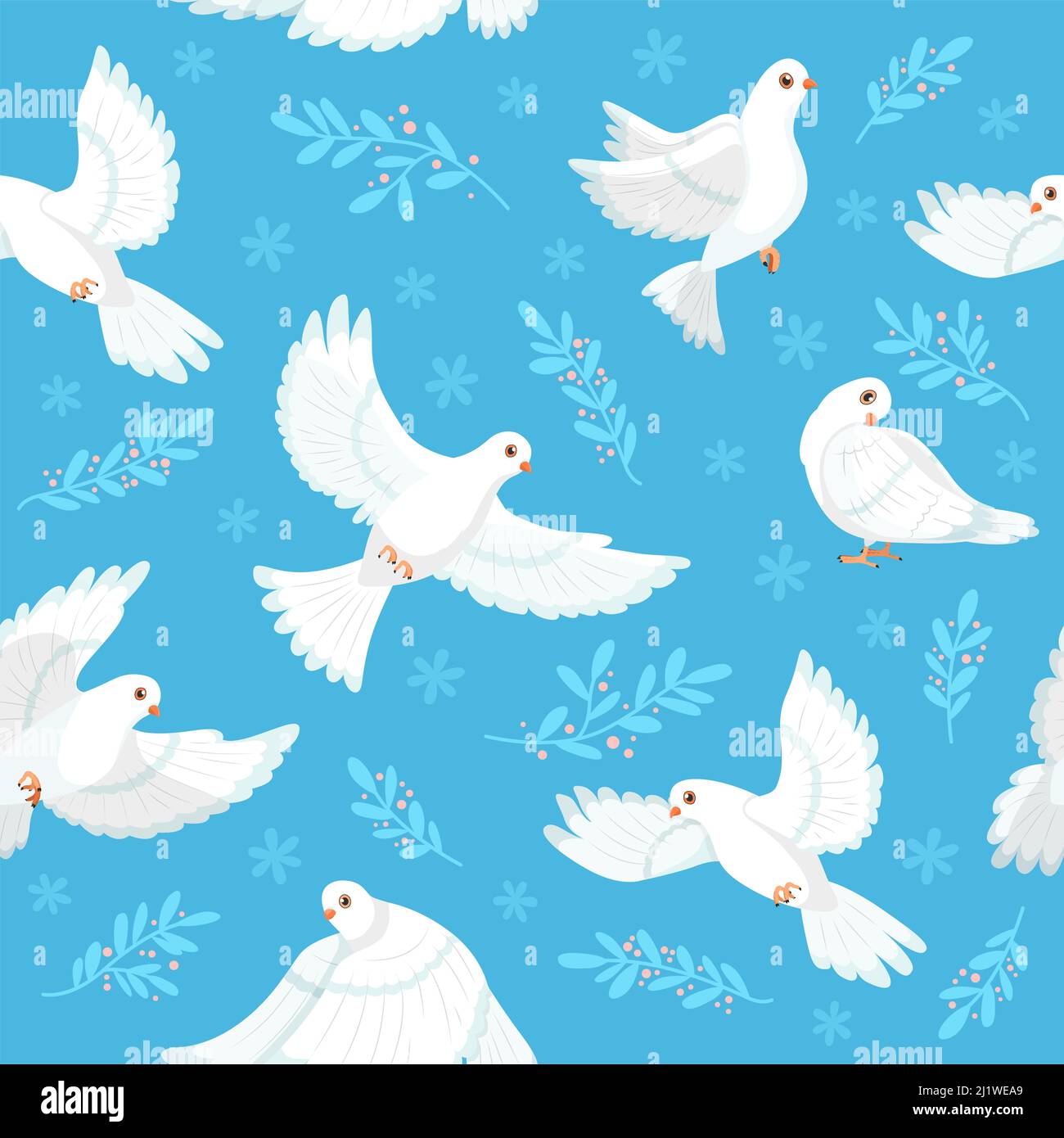 Norma Torpe tornillo Diseño sin costuras en la paloma. Palomas blancas volando, dibujos animados  aves movimiento rebaño libre, símbolos de paz, ramitas de plantas y flores,  fondo azul. Decoración textil Imagen Vector de stock -