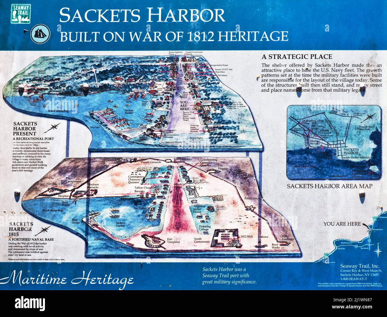 Sackets Harbor, Nueva York, Estados Unidos. Marzo 2022. Mapa informativo al aire libre de Sackets Harbor Foto de stock
