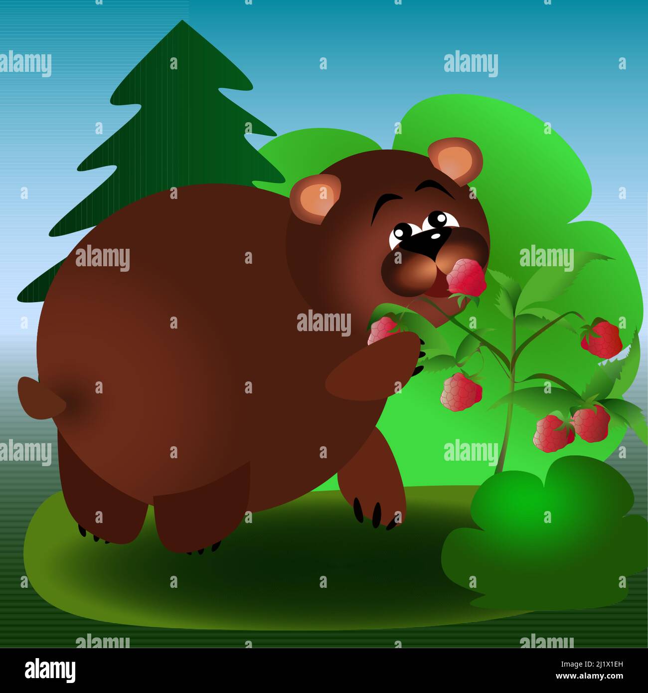 Encuentre 7 diferencias de oso marrón en el bosque comiendo frambuesas ilustración para niños Ilustración del Vector