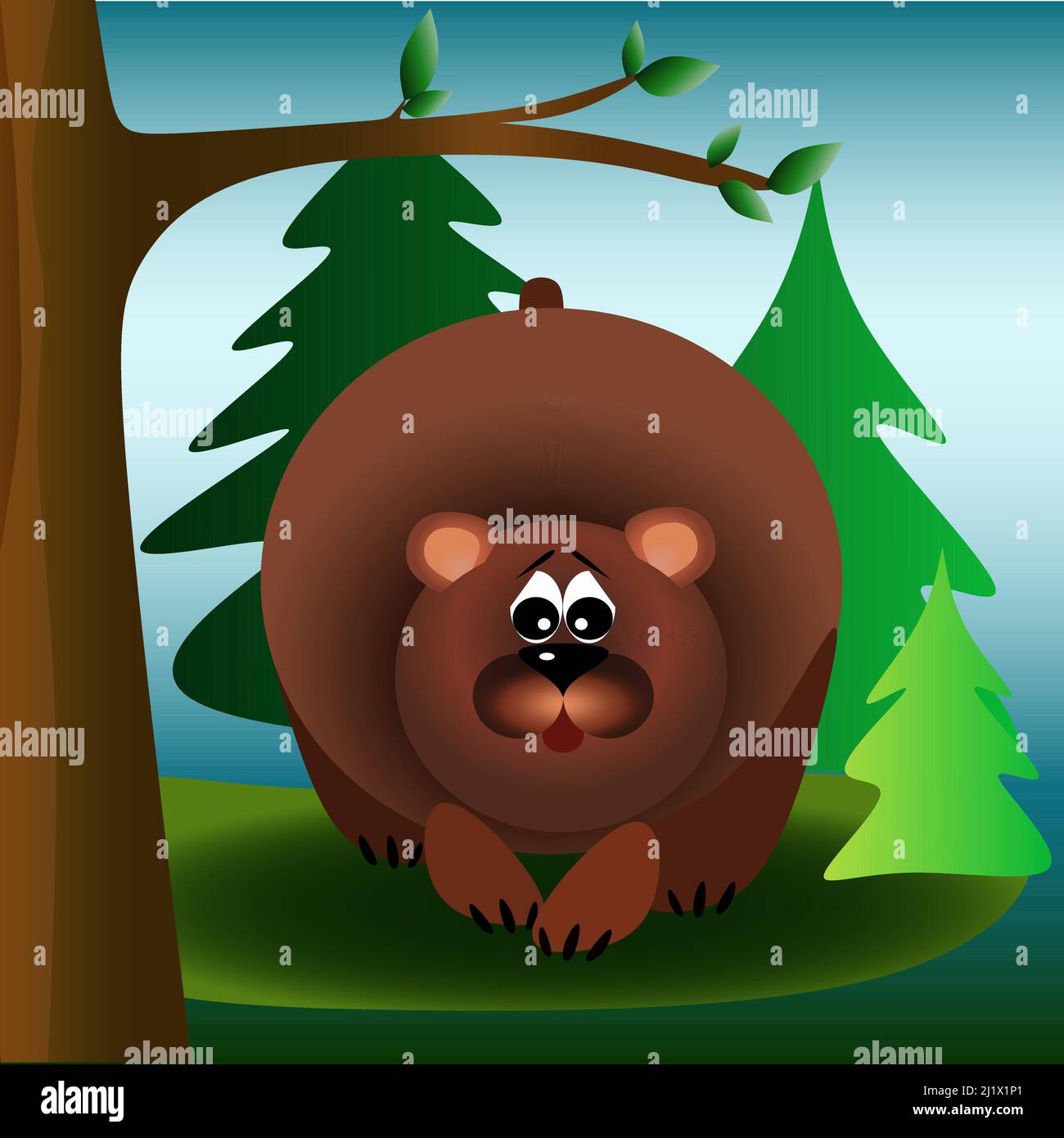 Oso marrón en el bosque bajo la ilustración de los niños del árbol Ilustración del Vector