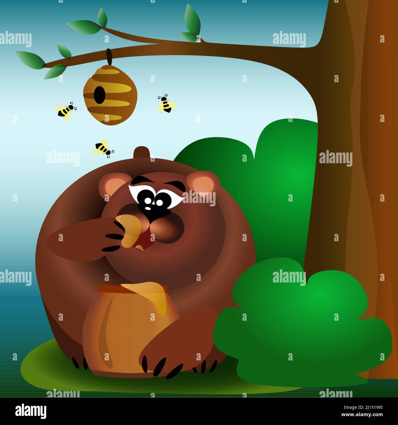 Oso marrón en el bosque comiendo miel junto a las abejas y la colmena de abejas ilustración de los niños Ilustración del Vector