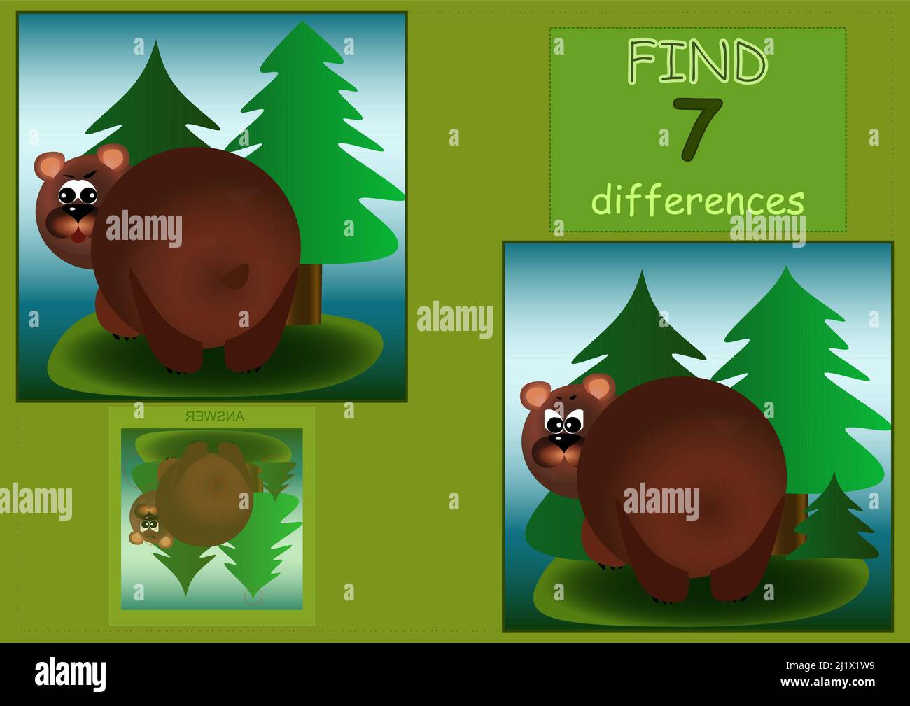Encuentre 7 diferencias entre el oso marrón y la espalda en la ilustración de los niños del bosque Ilustración del Vector