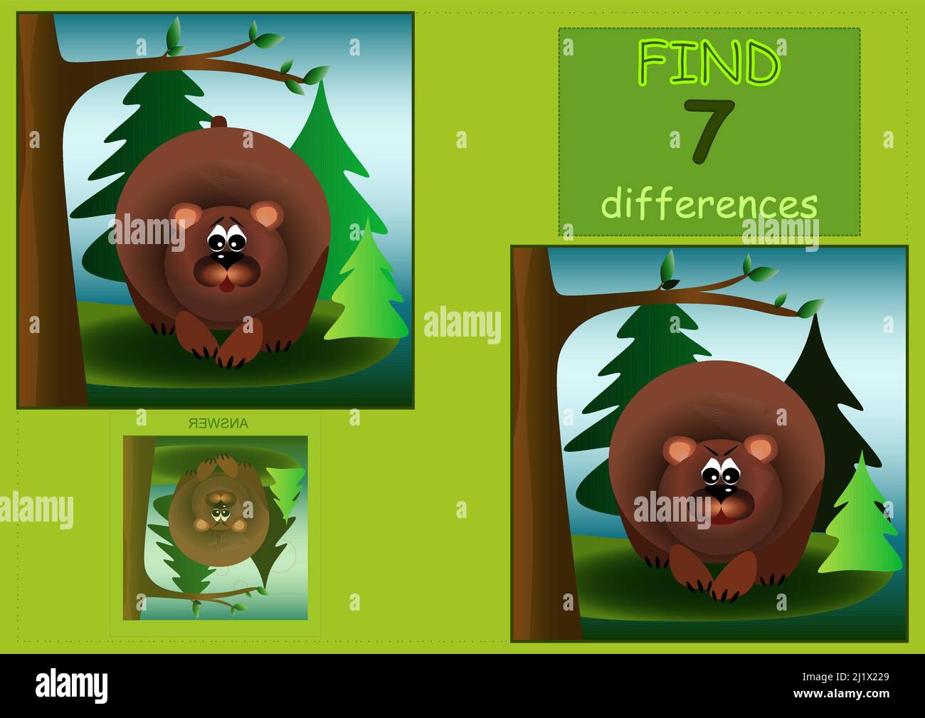 Encuentre 7 diferencias de oso marrón en el bosque bajo la ilustración de los niños del árbol Ilustración del Vector