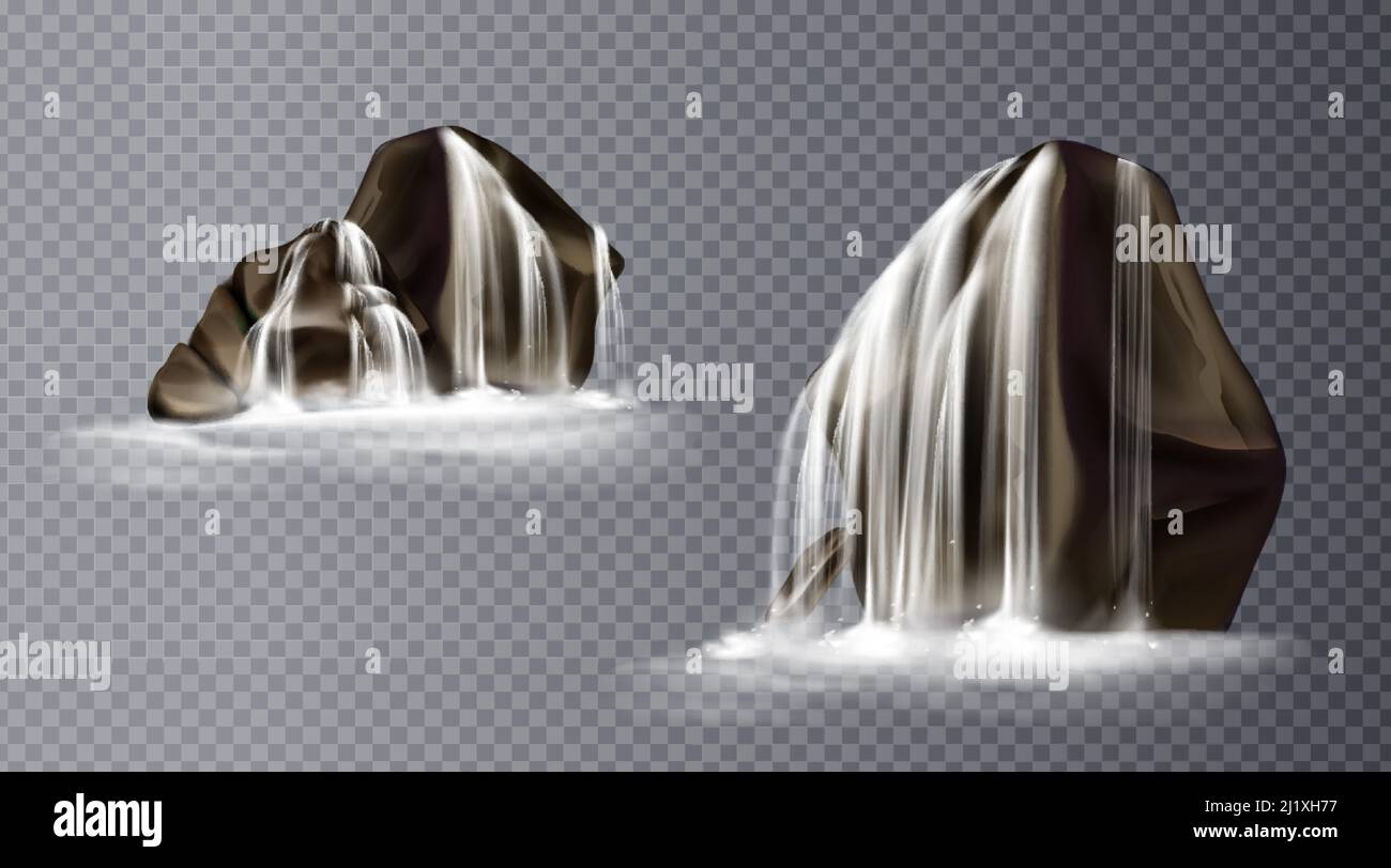Cascada sobre roca, flujos de caída de agua realistas que caen de las montañas, chorros líquidos puros y piedras con niebla, diseño de fuente. Realista Ilustración del Vector