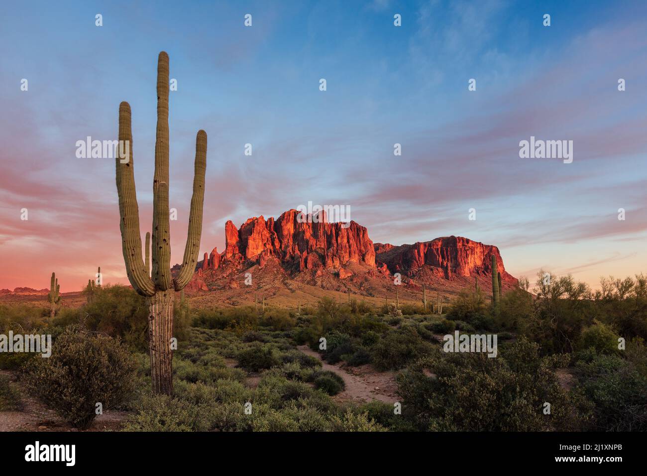 Las Montañas Superstition al atardecer en el Parque Estatal Lost Dutchman, Arizona Foto de stock