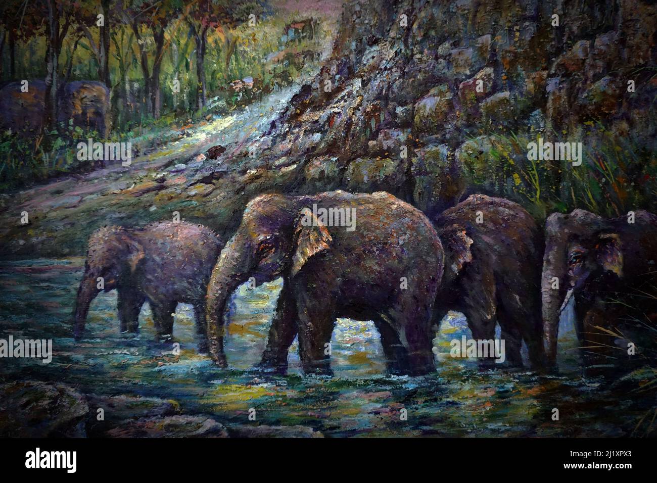 Pintura de arte Color del aceite Familia de elefantes tailandia ,  naturaleza , Campo , rural Fotografía de stock - Alamy
