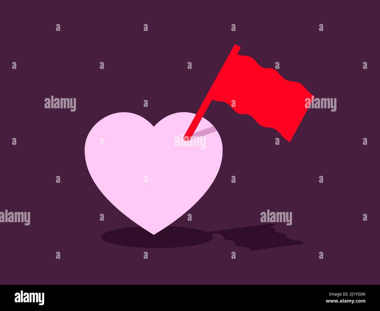 Amor corazón con bandera roja - metáfora de advertencia para evitar romance, amorosidad y afectuosidad debido a problemas negativos, problemas y dificultad. Ve Foto de stock