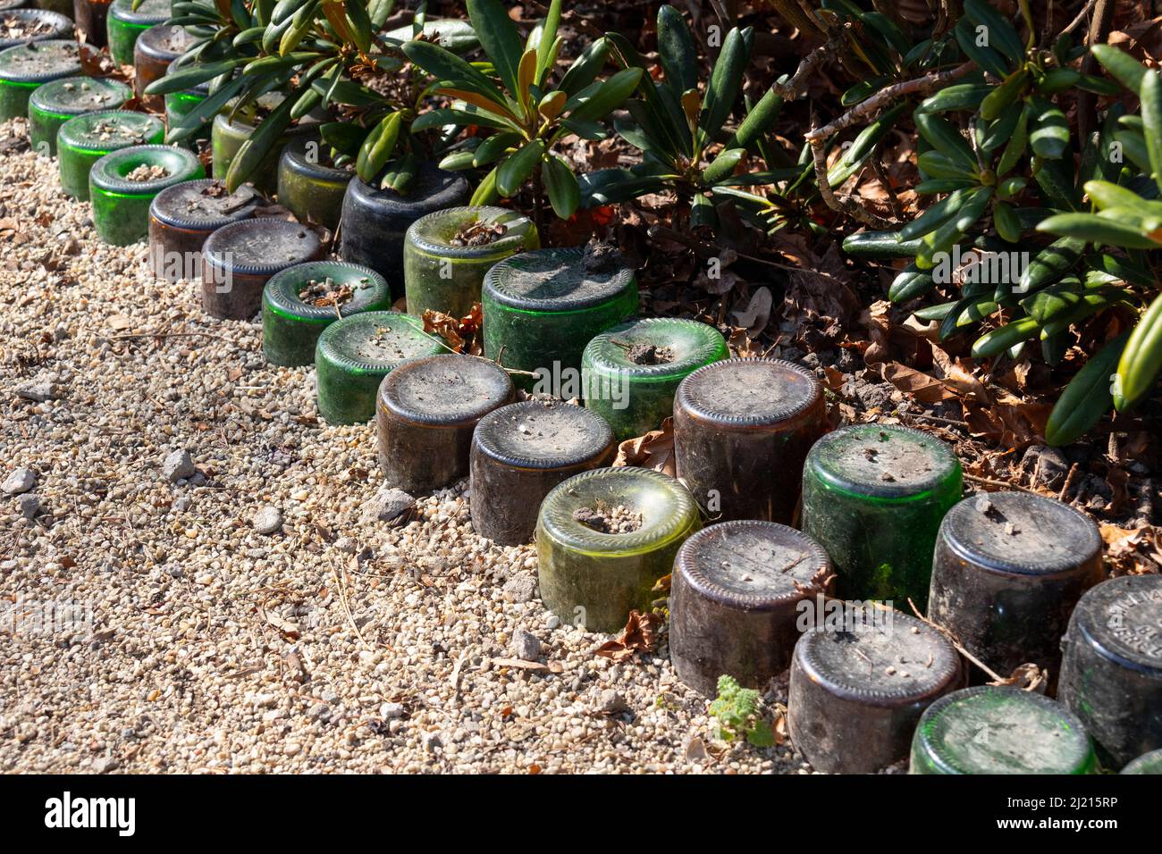 Reutilización creativa de botellas de vidrio antiguas como borde en el jardín Foto de stock