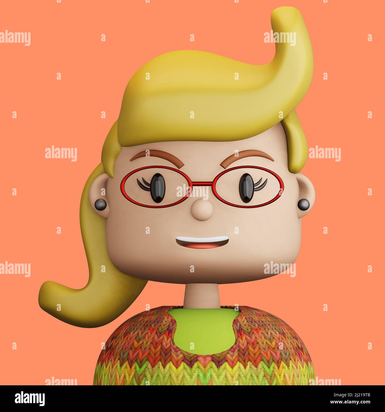 3D Ilustración de una mujer bonita sonriente. Dibujos animados de cerca retrato de una mujer rubia caucásica de pie sobre un fondo naranja. 3D Avatar para ui ux Fotografía de stock - 3D Ilustración de una mujer bonita sonriente. Dibujos animados de cerca retrato de una mujer rubia caucásica de pie sobre un fondo naranja. 3D Avatar para ui ux Fotografía de stock -