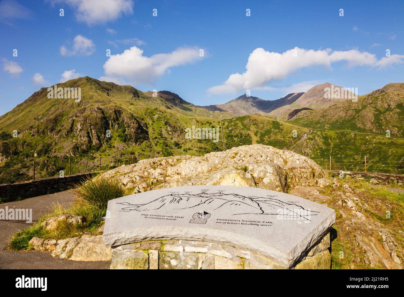 Información turística Placa de piedra que muestra las montañas de Snowdon herradura a través de Cwm Dyli desde el punto de vista en Nant Gwynant. Parque Nacional de Snowdonia, Gales Foto de stock