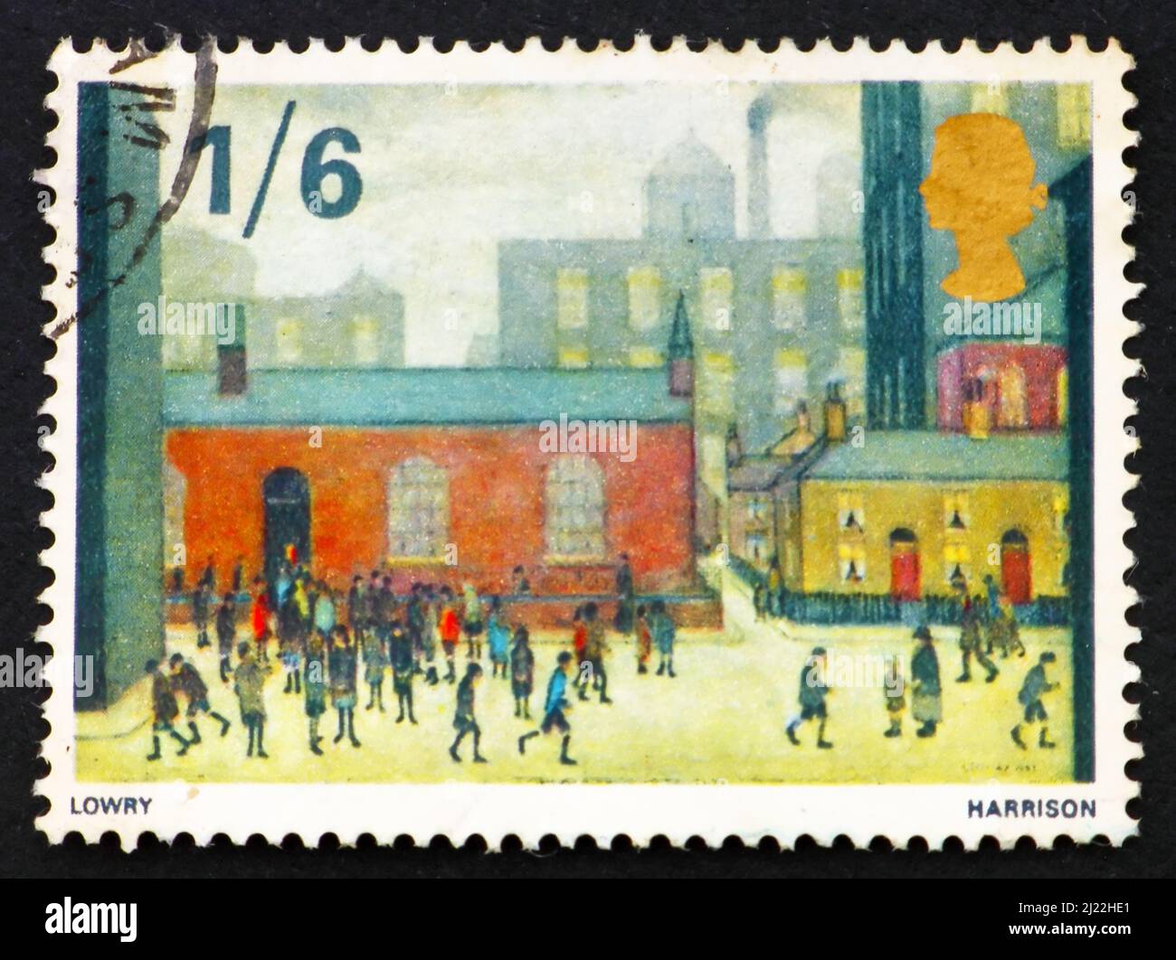 GRAN BRETAÑA - ALREDEDOR de 1967: Un sello impreso en Gran Bretaña muestra a los niños que salen de la escuela, pintura de Laurence Stephen Lowry, alrededor de 19 Foto de stock