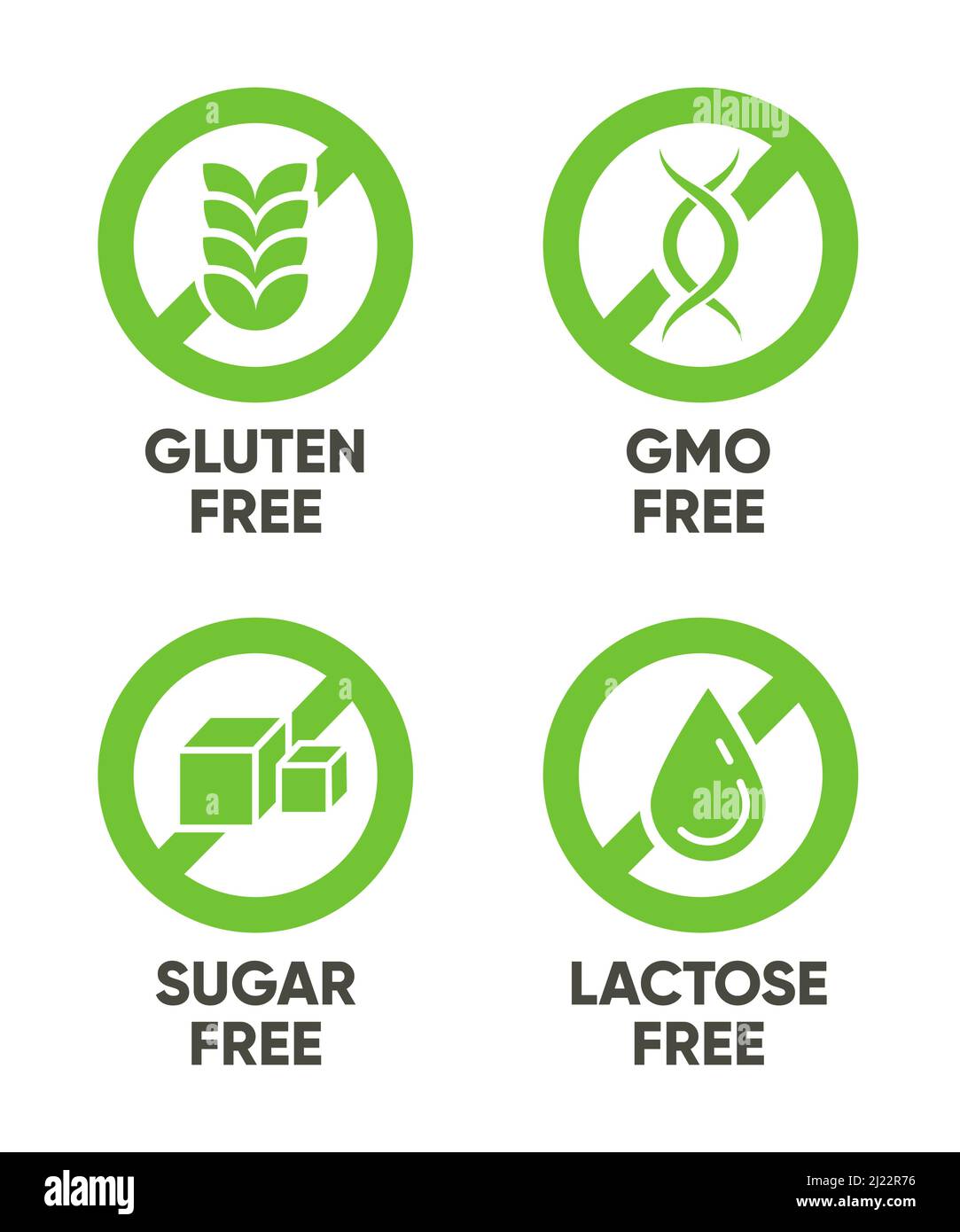 Gluten, OGM, azúcar, signos sin lactosa. Conjunto de símbolos verdes con texto para alergia, alimentos saludables, productos orgánicos naturales concepto. Imagen vectorial Ilustración del Vector