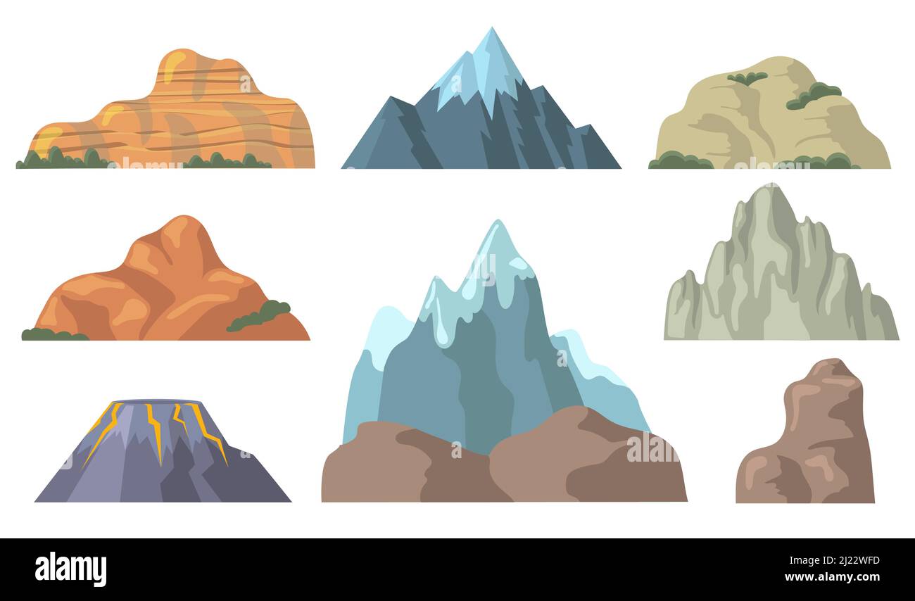 Varios picos de montaña conjunto de iconos planos. Dibujos animados de colina rocosa, cubierta de promontorio nevado, roca, volcán aislado colección de ilustración vectorial. Tierras Ilustración del Vector